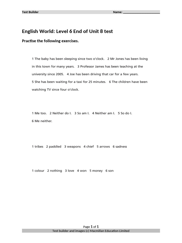 L6 End of Unit 8 Test Answerkey | PDF