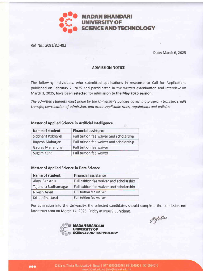 Admission Notice May 25 Intake For First Call 030625 | PDF