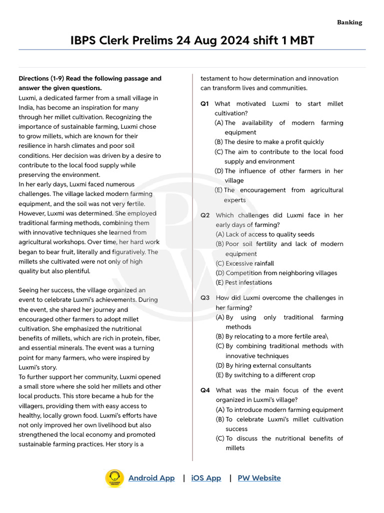 Banking - IBPS Clerk Prelims 24 Aug 2024 Shift 1 MBT - DPP | PDF ...