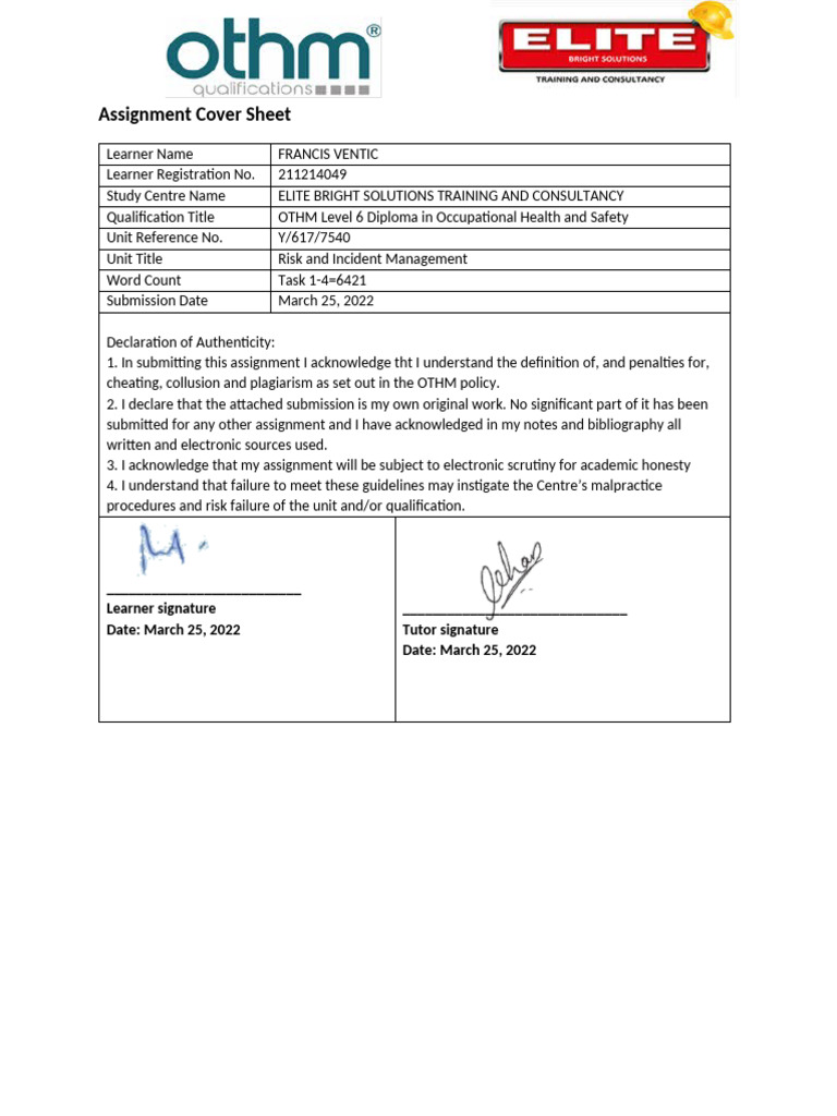 Assignment Sheet Y-617-7540 | PDF | Risk | Risk Assessment