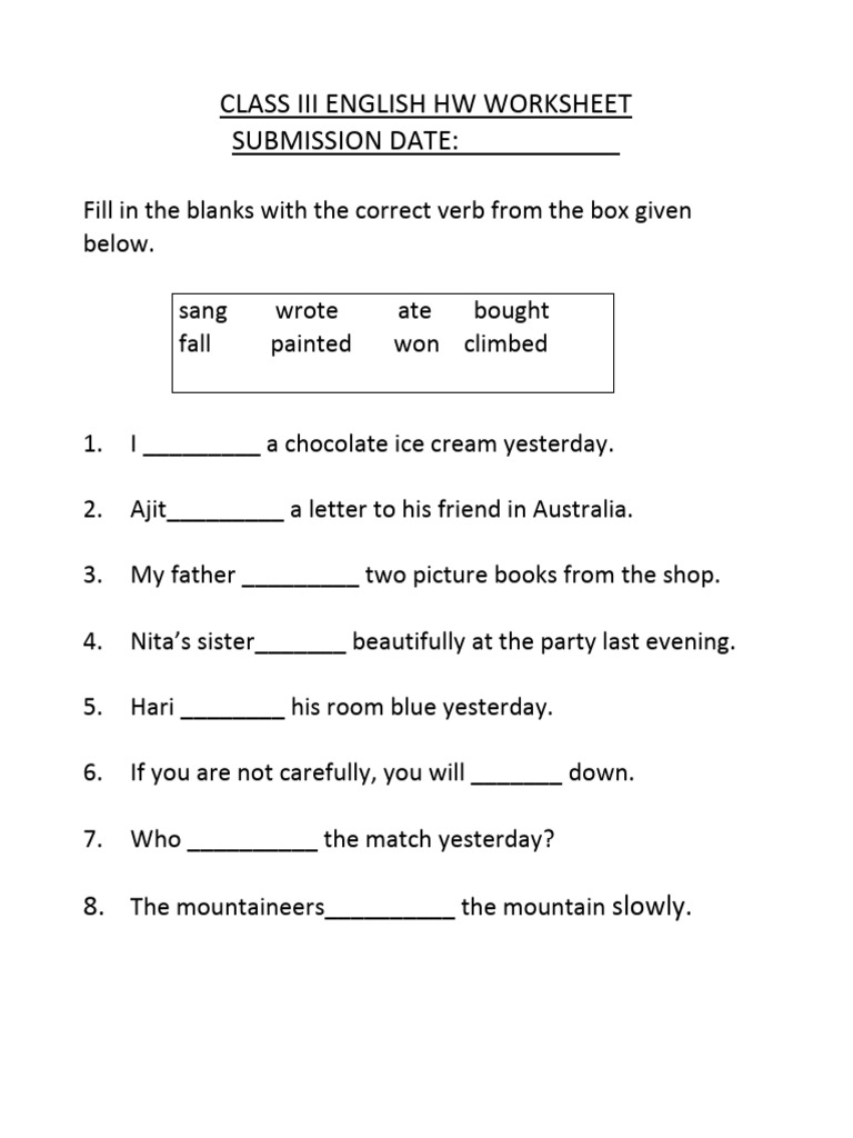 Class 3 Verb Fill-in-the-Blanks Worksheet | PDF