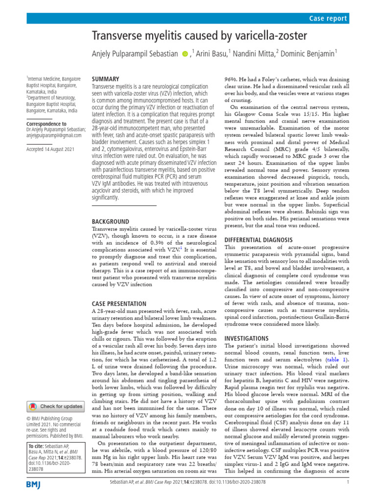Tranverse Myelitis Caused by Varicela Zoster | PDF | Hepatitis B ...