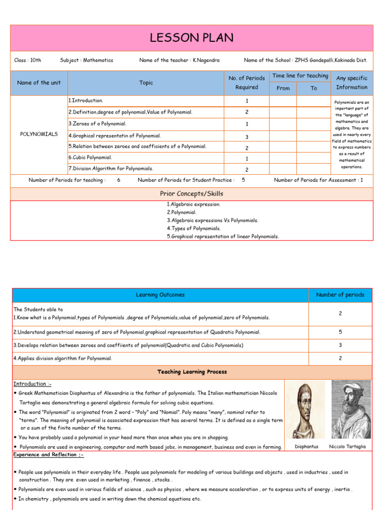 Class 10 Polynomials Lesson Plan | PDF | Polynomial | Quadratic Equation