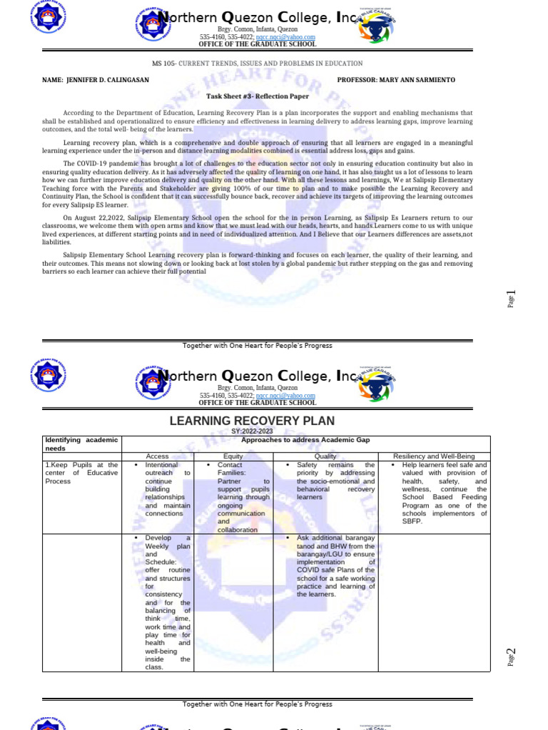 Salipsip Elementary Learning Recovery Plan | PDF | Learning | Human ...