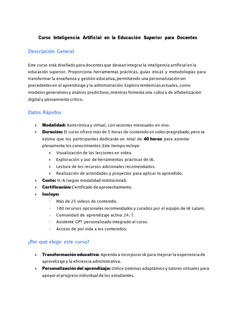 Curso de IA en Educación Superior para Docentes | PDF | Inteligencia ...