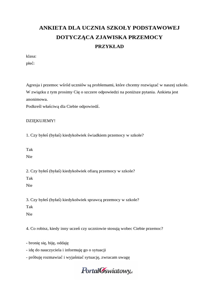 Przyklad Ankiety Dotyczacej Zjawiska Przemocy Dla Ucznia Szkoly ...