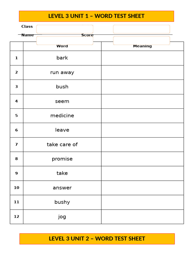 Level 3 Vocabulary Test Sheets | PDF | Foods