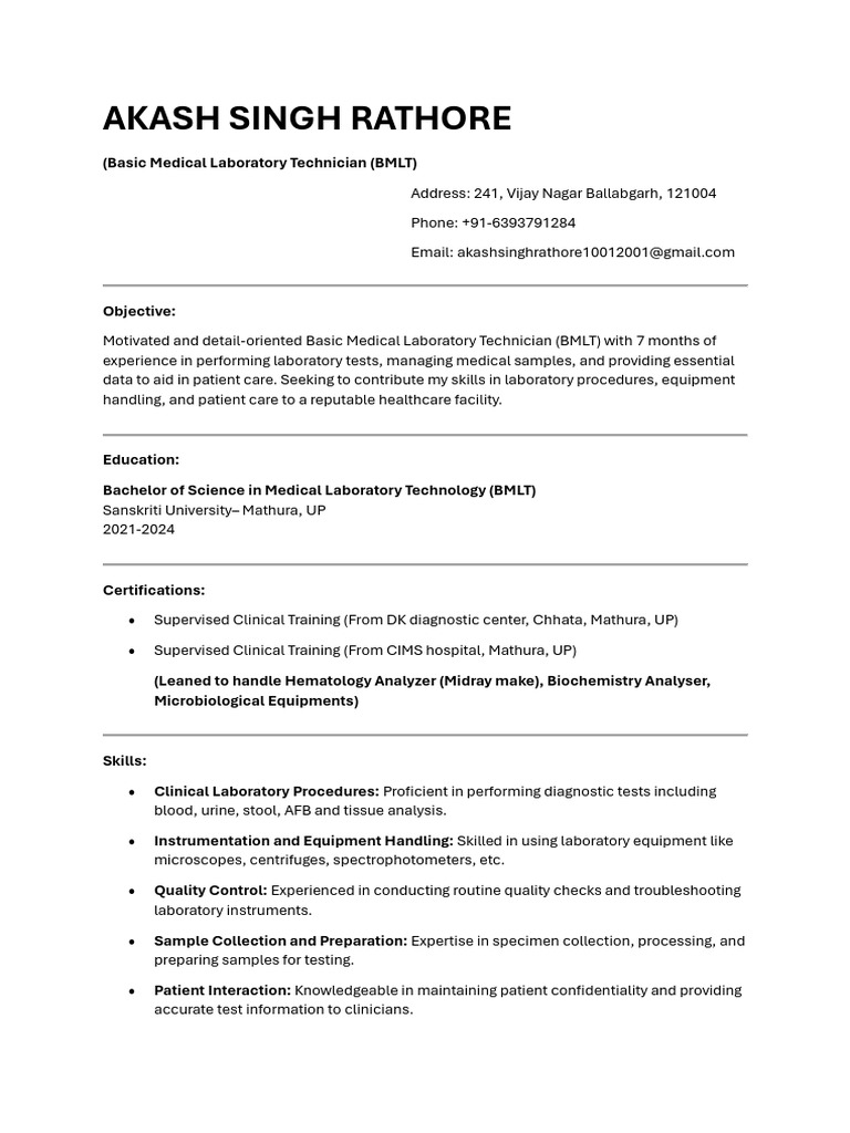 Akash Singh Rathore (BMLT) | PDF | Medical Laboratory | Laboratories