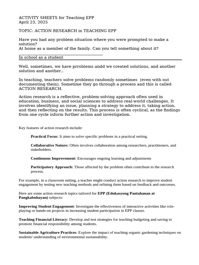 Action Research in EPP Teaching | PDF | Action Research | Learning