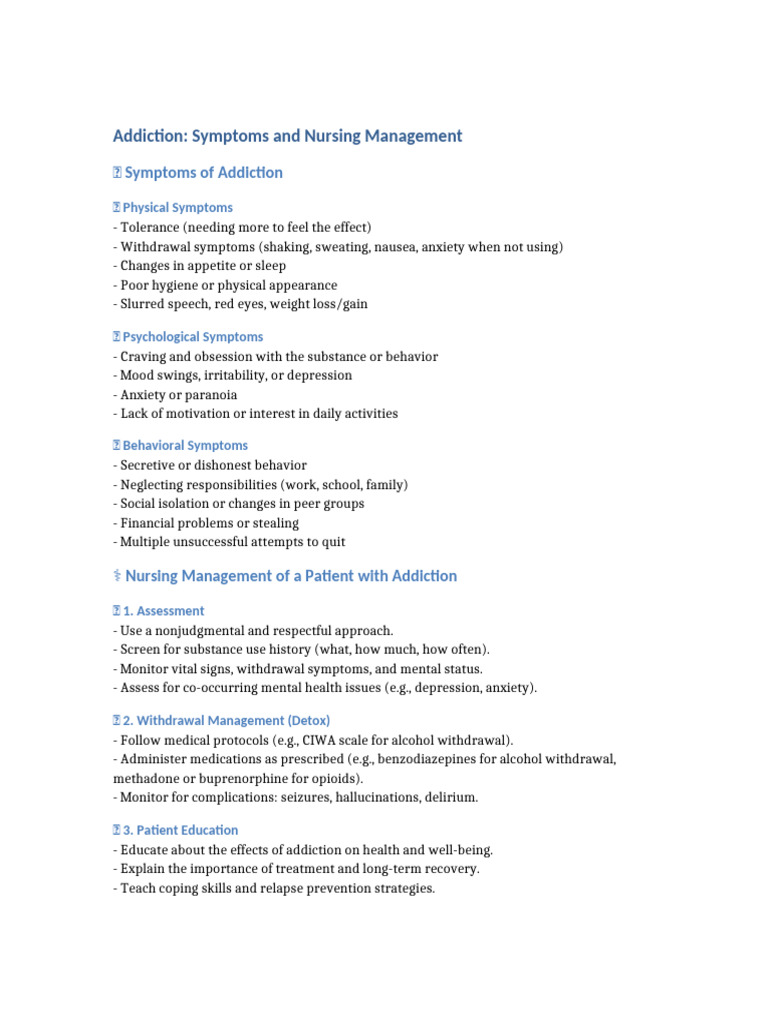 Addiction Symptoms and Nursing Management | PDF