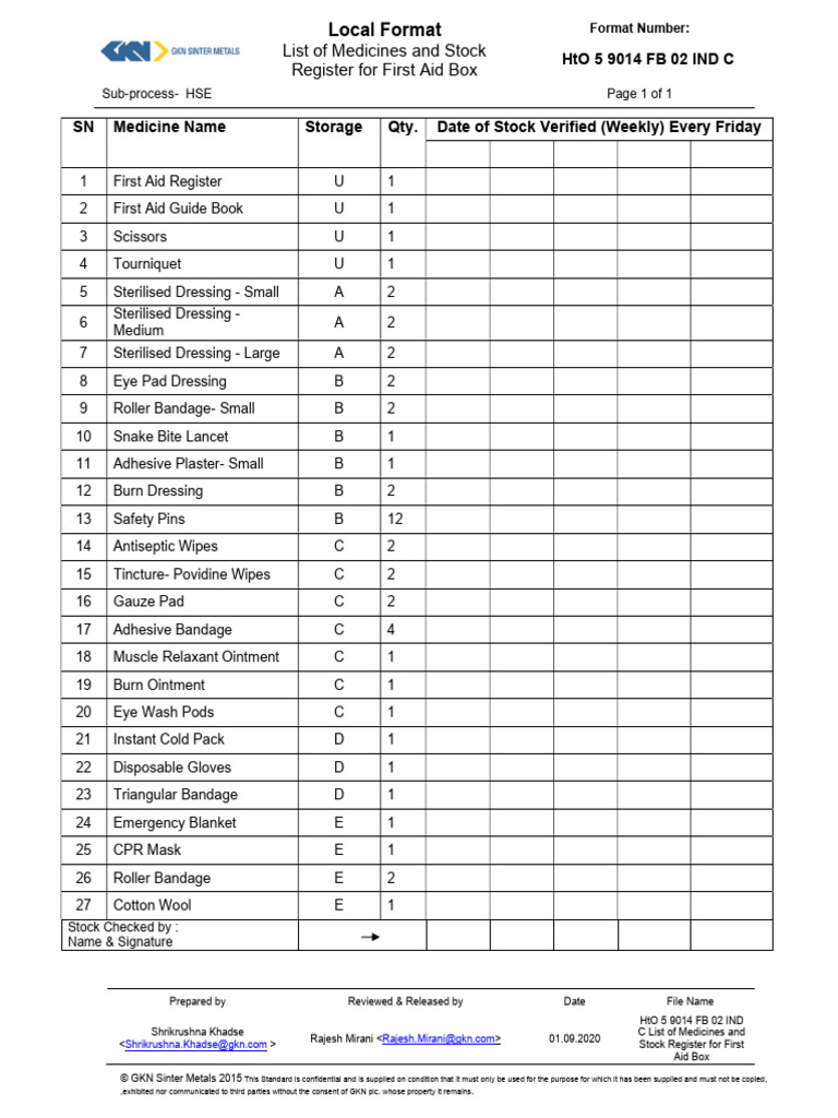 First Aid Box Medicine Stock Register | PDF