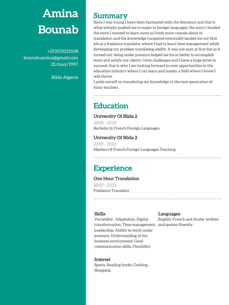 Amina Bounab: Freelance Translator Profile | PDF