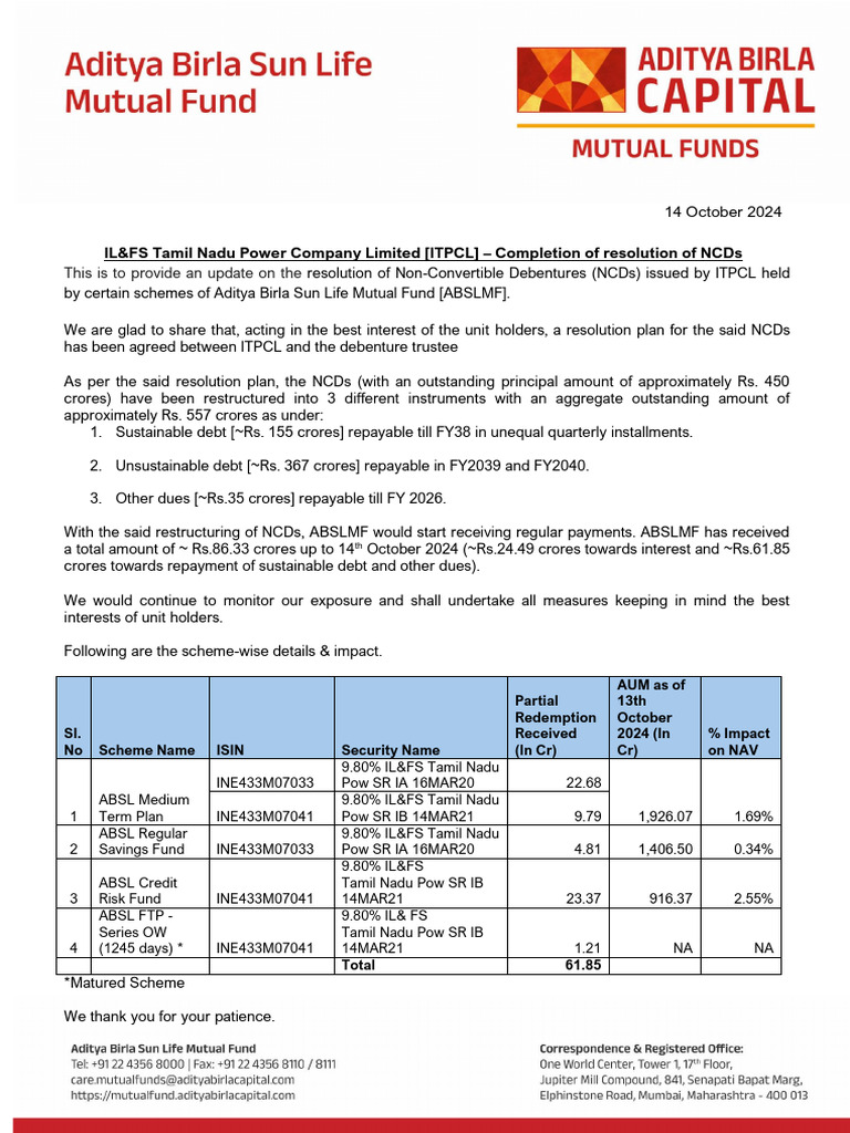 ITPCL NCDs Resolution Update for ABSLMF | PDF | Debenture | Personal ...