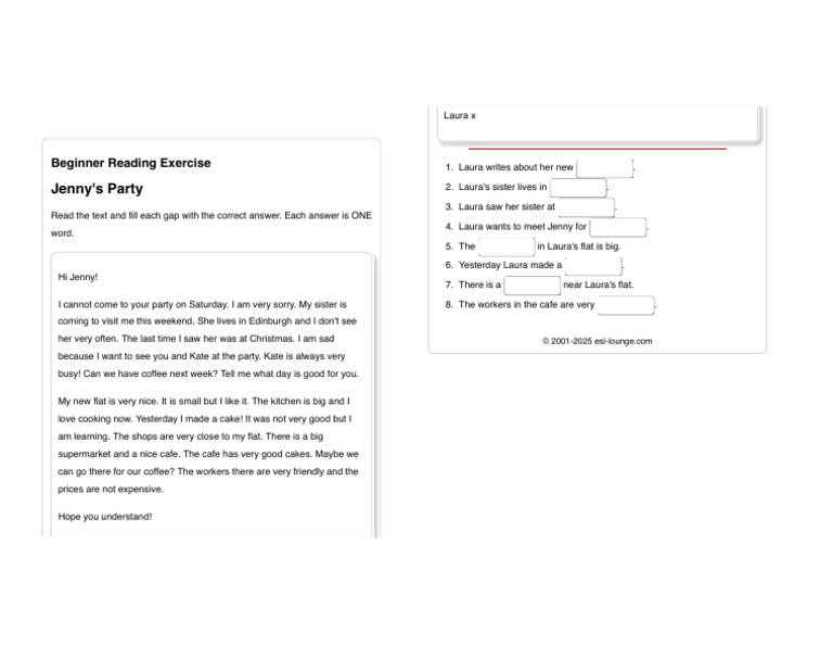 Beginner Reading Exercise - Jenny's Party | PDF