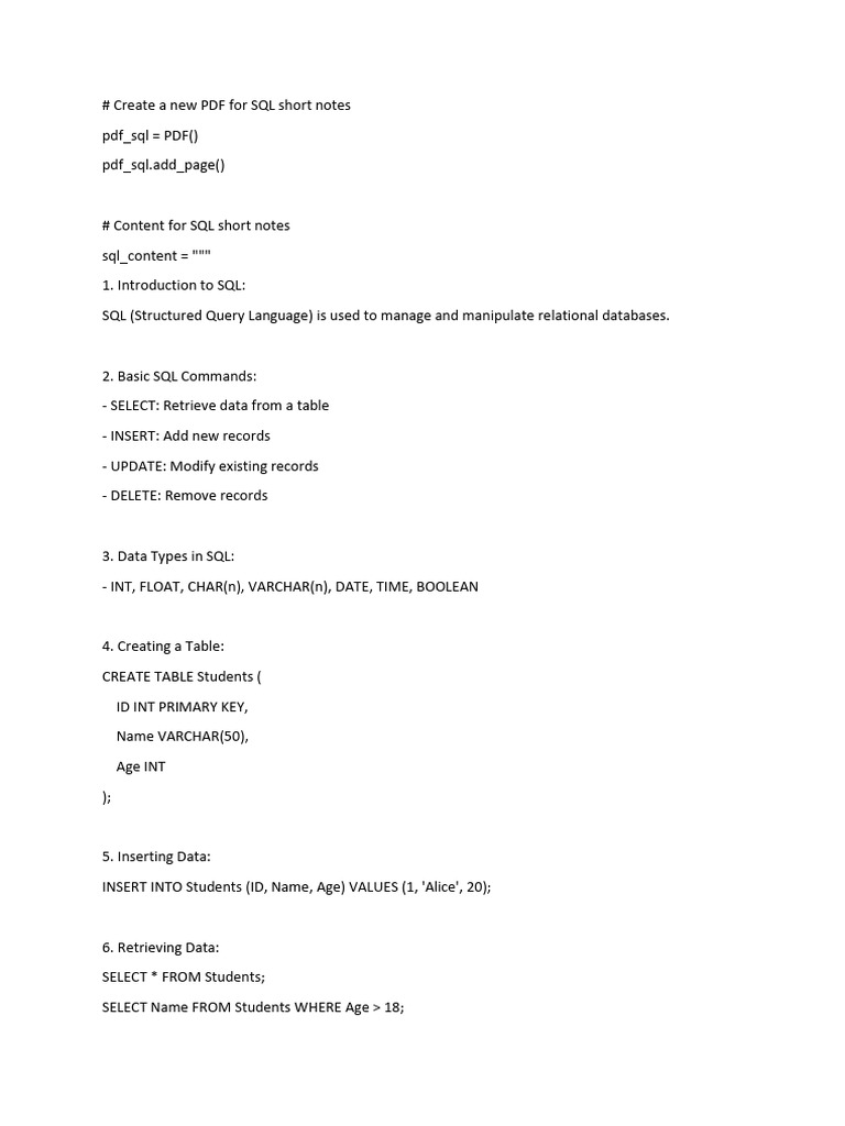 SQL Short Notes for Beginners | PDF