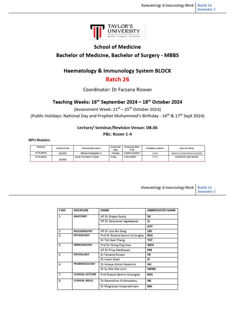 Final - Timetable - Batch 26-HI Block | PDF | Lymphocyte | Immune System