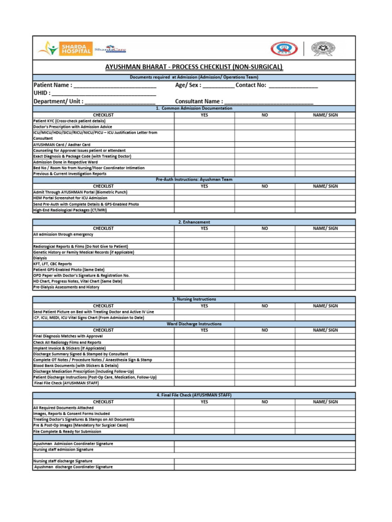 AYUSHMAN Admission Document Checklist | PDF | Intensive Care Unit ...