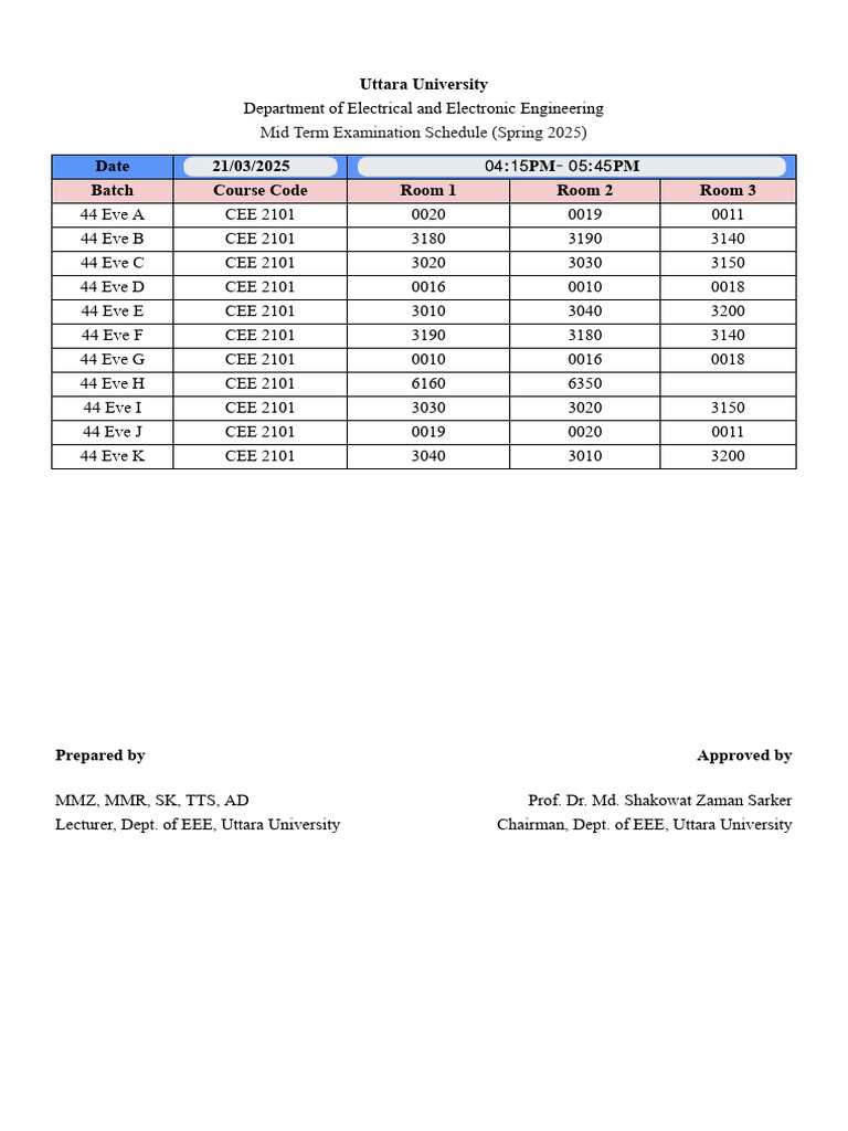 Electrical Engineering Room Assignments 2025 | PDF