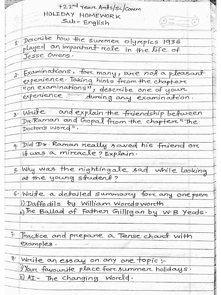 English Holiday Homework Pdf