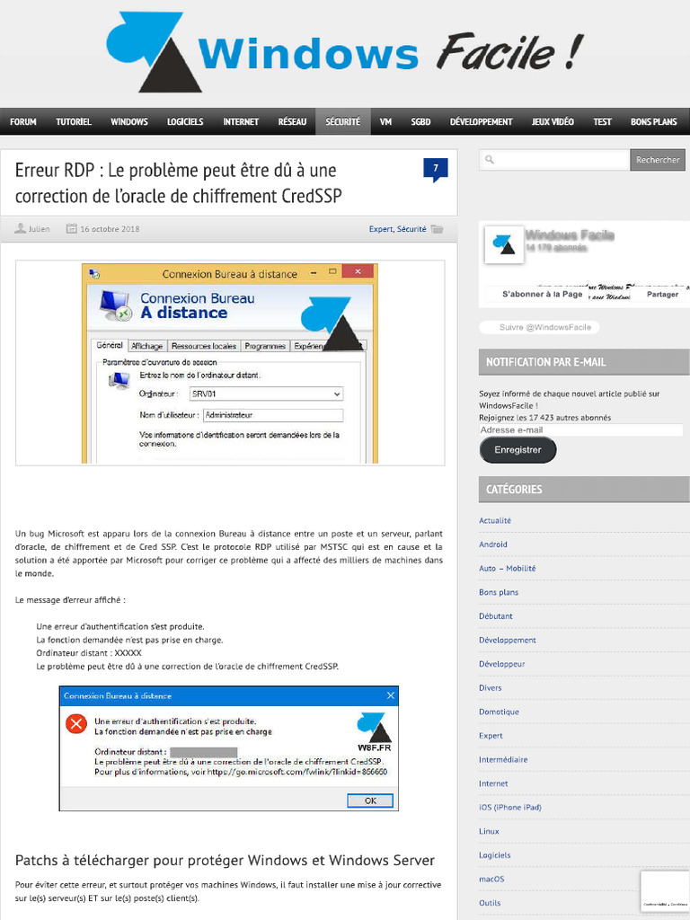 Erreur RDP - Le Problème Peut Être Dû À... Chiffrement CredSSP | PDF