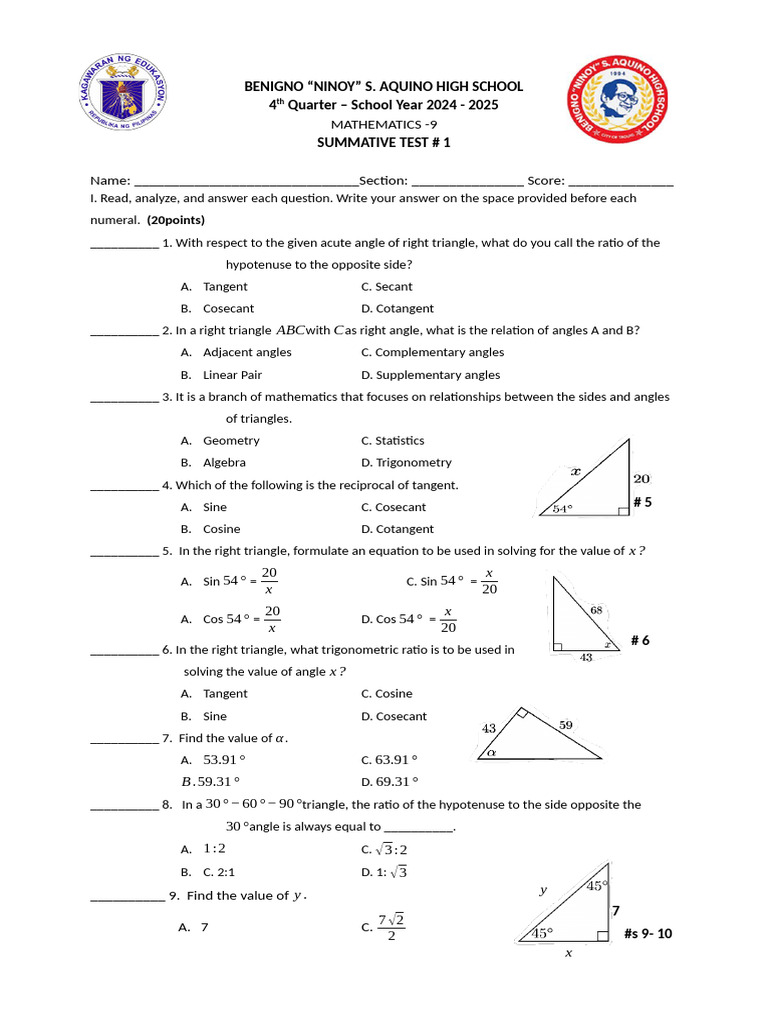 Q4 Summative Test 1 (A) | PDF | Trigonometric Functions | Elementary ...