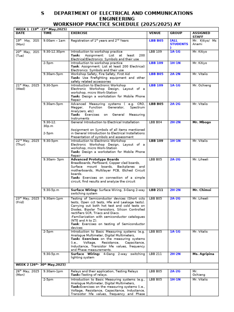 Electrical Workshop Practice Schedule 2025 | PDF | Resistor | Relay