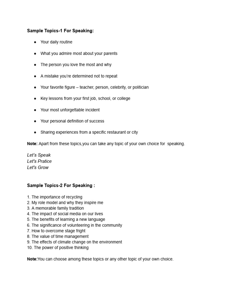 Engaging Speaking Topics for Practice | PDF