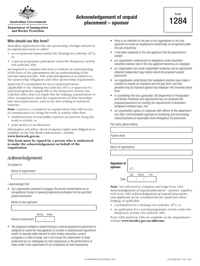 Unpaid Placement Acknowledgement Form | PDF | Travel Visa | Employment