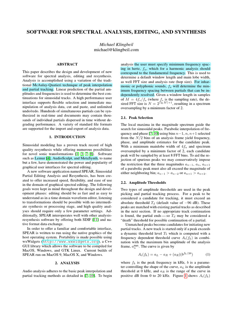SPEAR: Software for Spectral Editing | PDF | Acoustics | Signal Processing