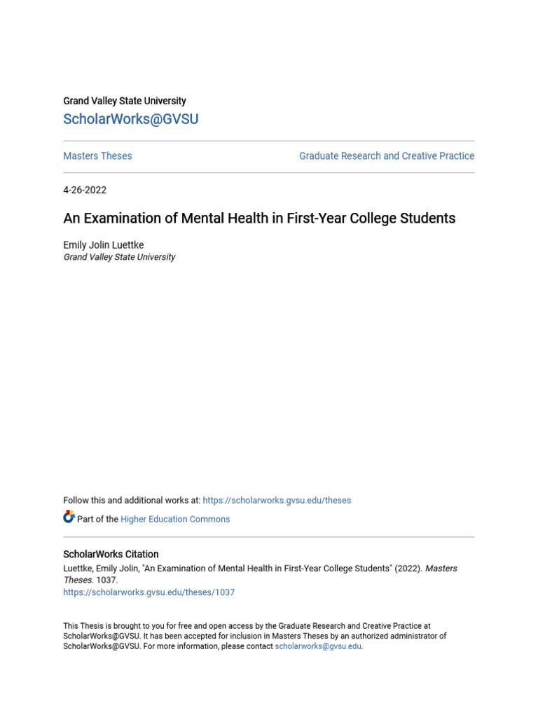 An Examination of Mental Health in First-Year College Students - Emily ...