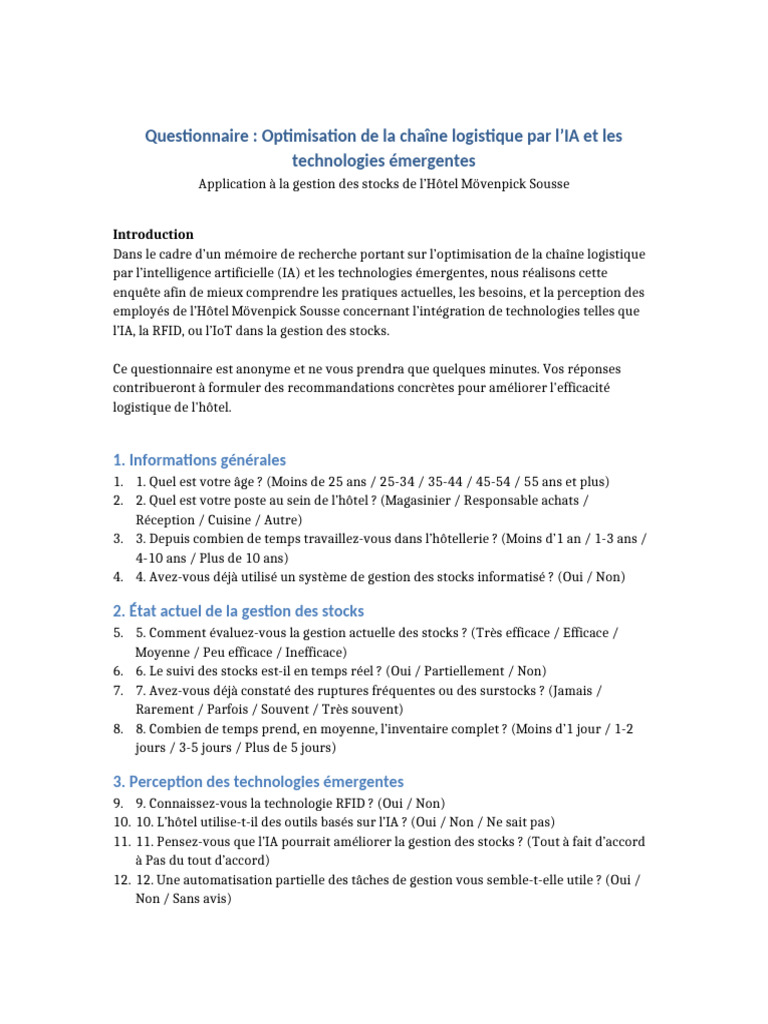 Questionnaire sur l'IA en gestion des stocks | PDF | Intelligence ...