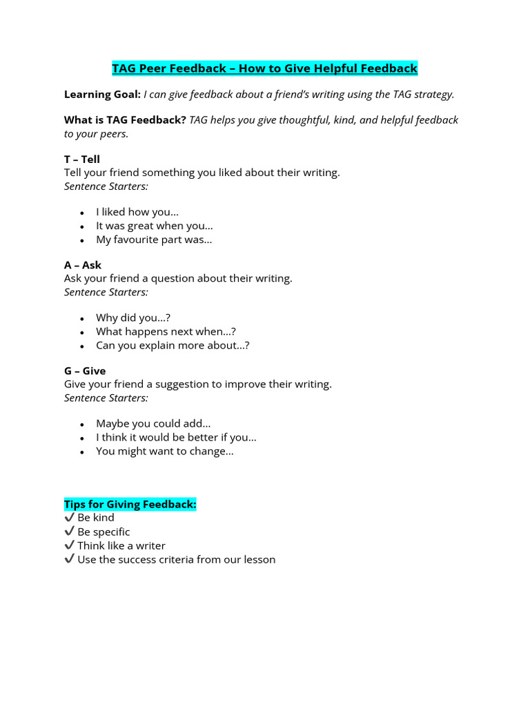 TAG Feedback Strategy for Peer Review | PDF