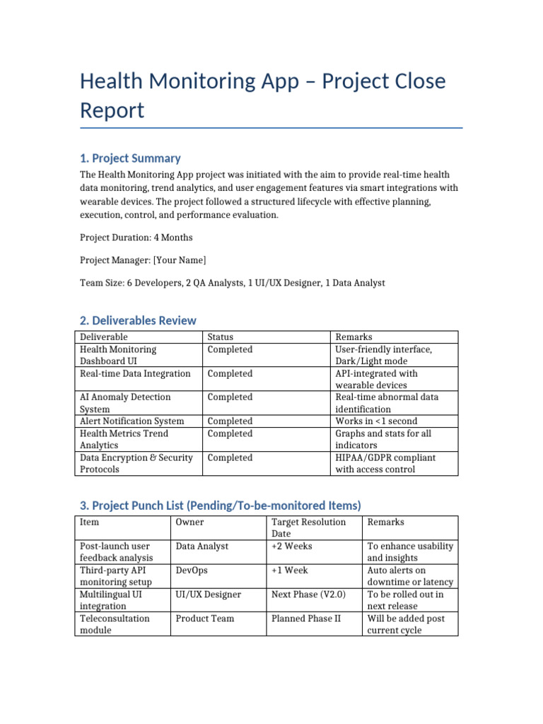 Health Monitoring App Project Closure Report | PDF | Mobile App ...