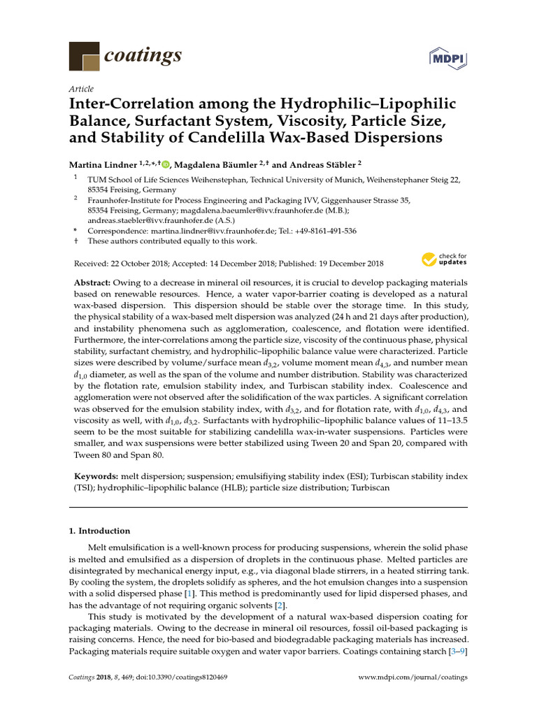 Candelilla Wax Dispersion Stability Study | PDF | Emulsion | Colloid