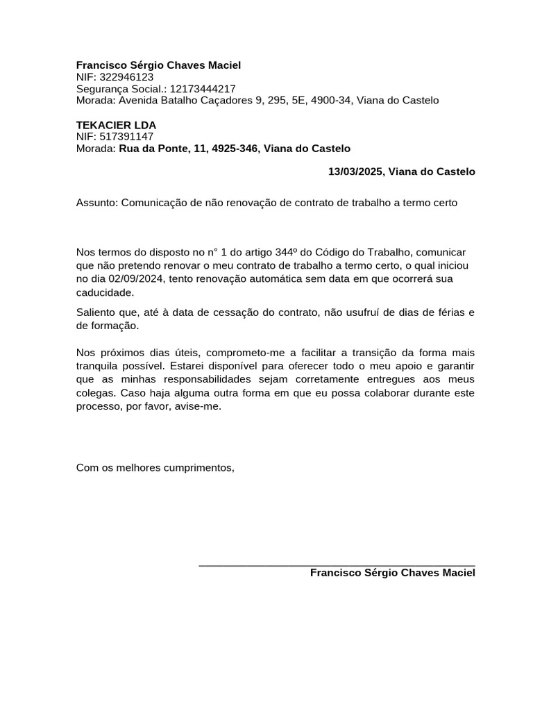 Comunicação de Não Renovação de Contrato | PDF