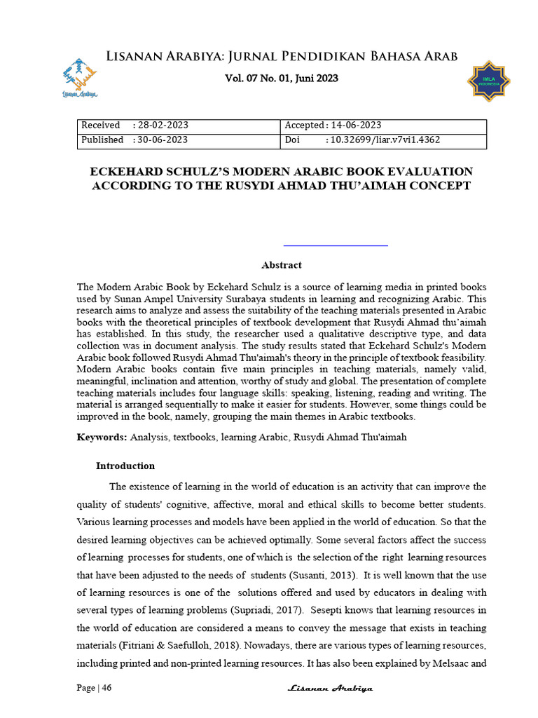 Eckehard_Schulzs_Modern_Arabic_Book_Evaluation_Ac | PDF | Learning | Arabic