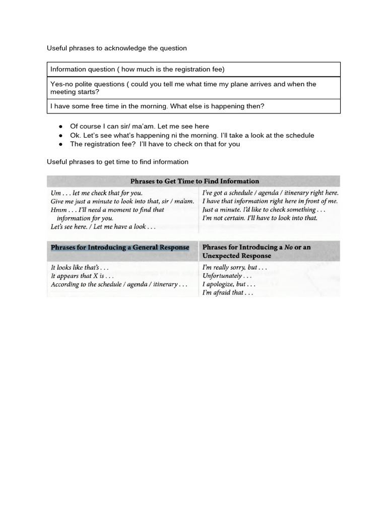 Useful Phrases for Acknowledging Questions | PDF