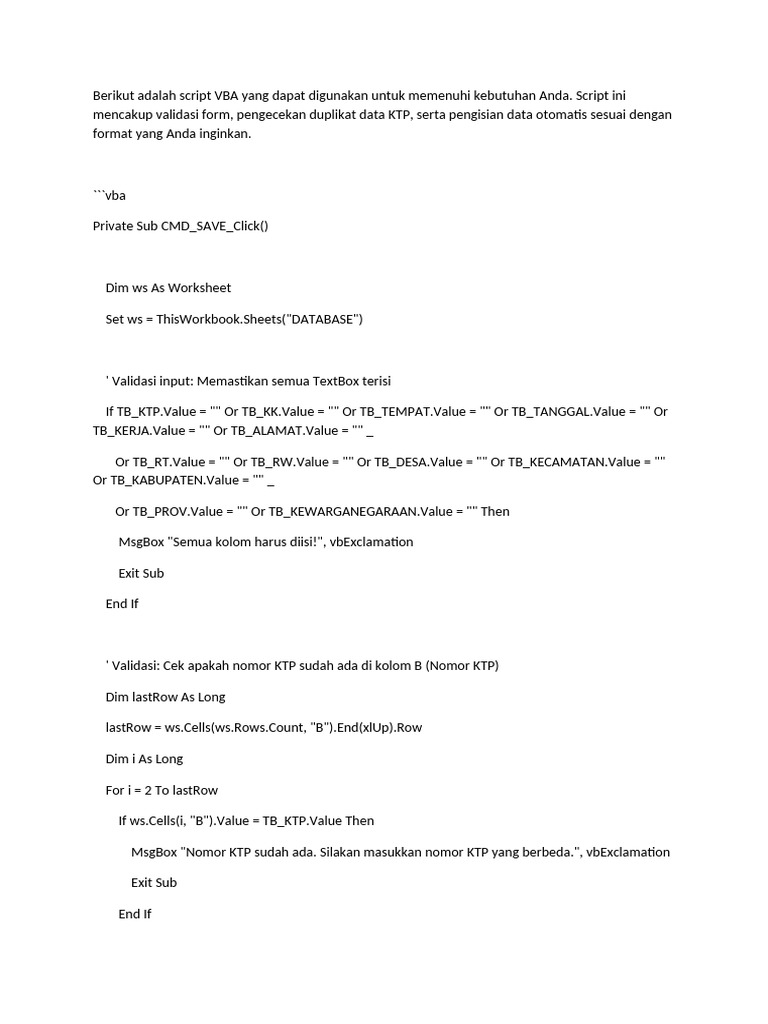 Script VBA untuk Validasi dan Penyimpanan Data | PDF