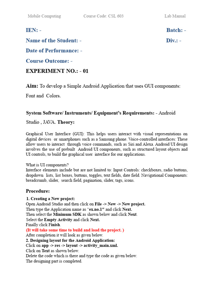 Android App Development Lab Manual | PDF | Computer Network | Android ...