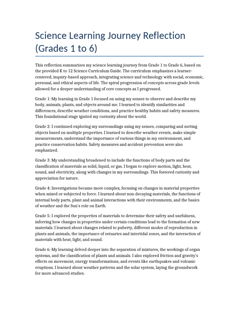 Science_Learning_Reflection_Grades1to6 | PDF | Science | Learning