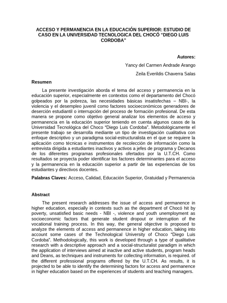 ACCESO Y PERMANENCIA EN LA EDUCACIÓN SUPERIOR | PDF | Colombia