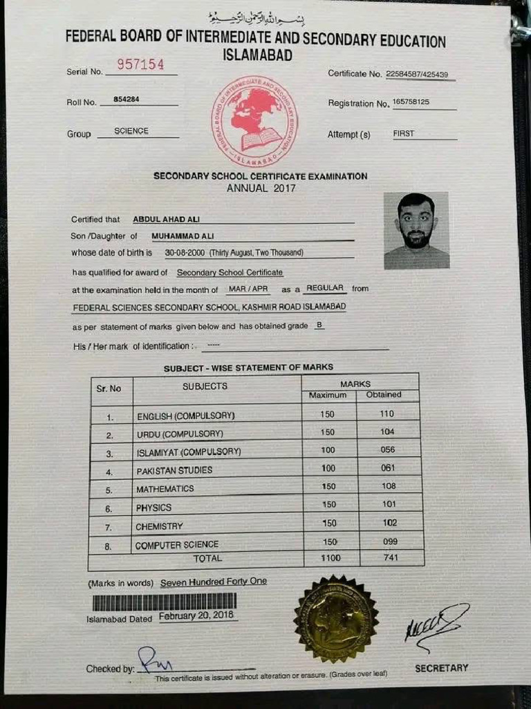 Secondary School Certificate Pdf