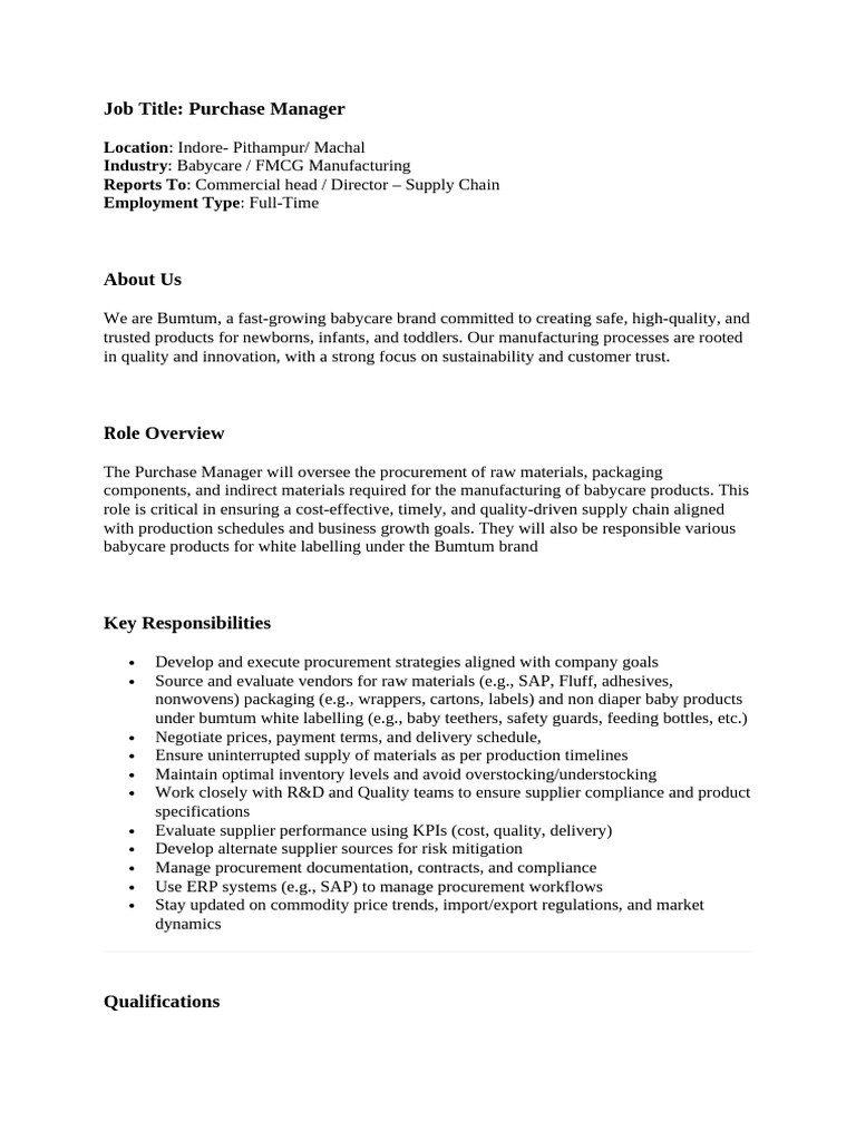 Purchase Manager Job in Babycare Industry | PDF | Supply Chain ...