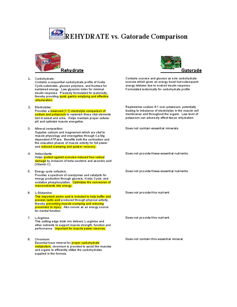 Rehydrate vs. Gatorade Comparison PDF Nutrients Carbohydrates