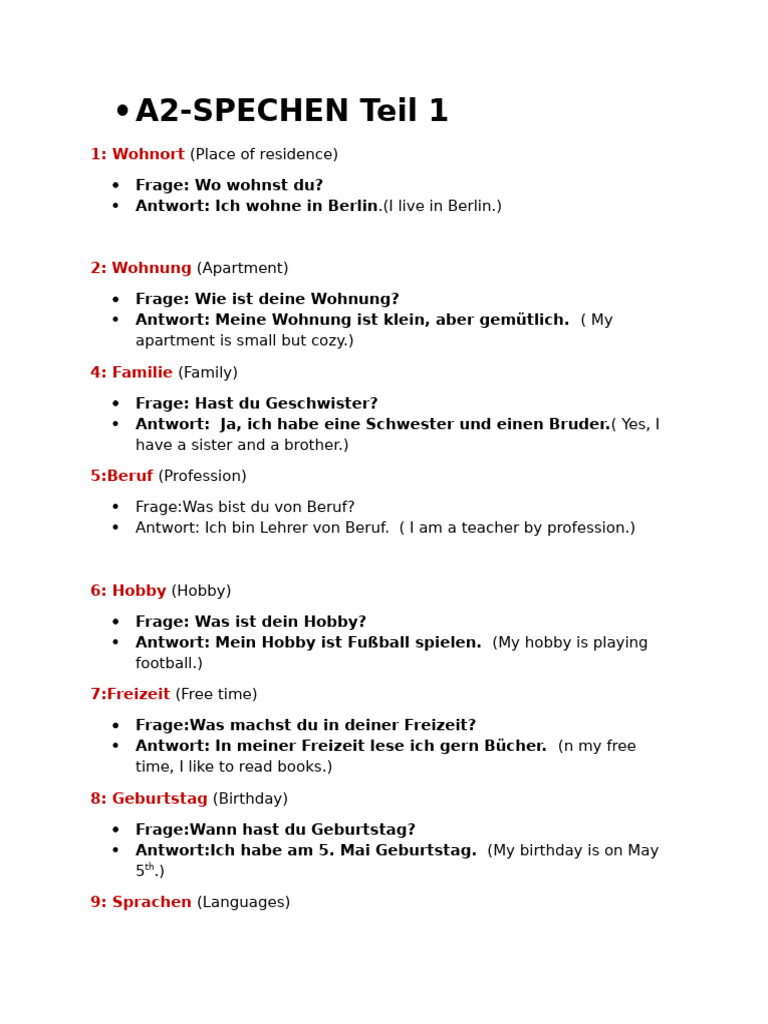 German Language A2 Sprechen Teil (1,2,3) | PDF