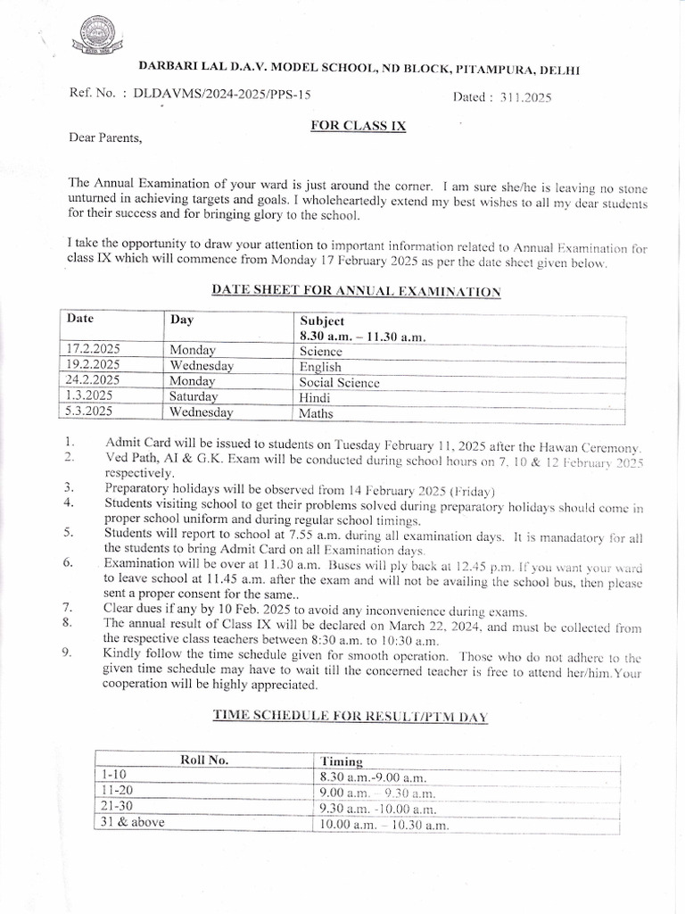 Class 9 Date Sheet 2025 Announcement | PDF