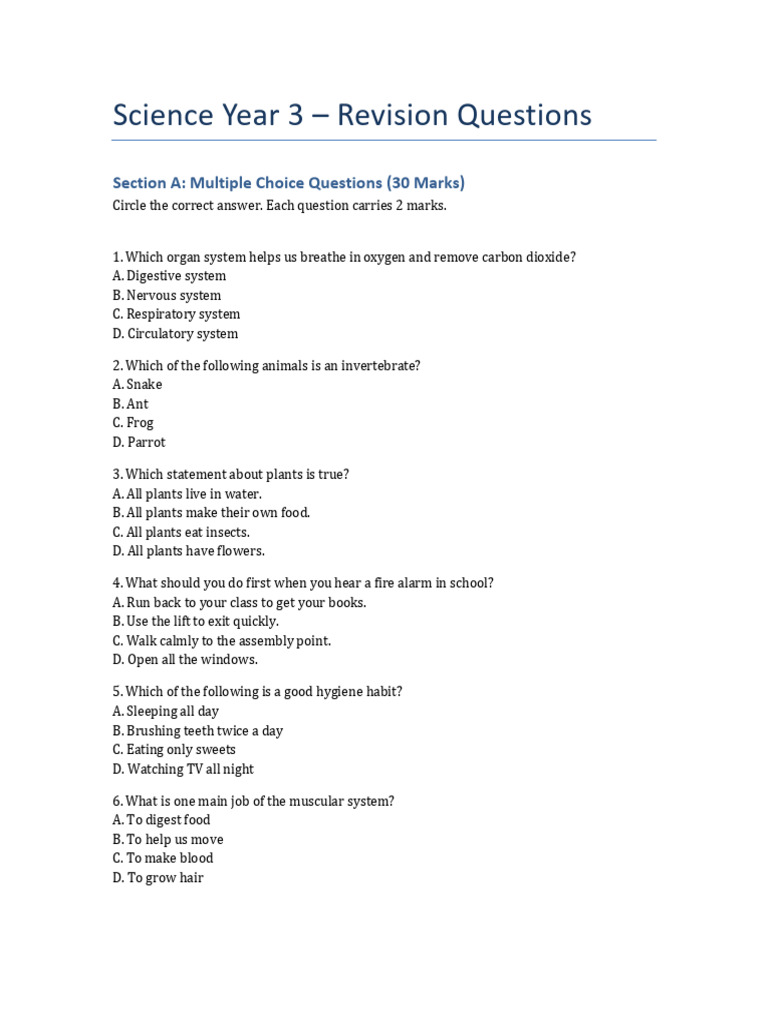 Year 3 Science Revision Questions | PDF | Foods | Respiratory System