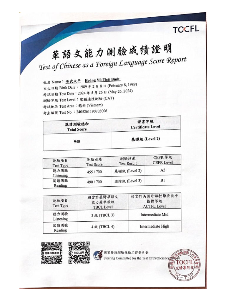 Test of Chinese As A Foreign Language Score Report | PDF