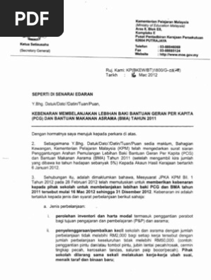 Surat Siaran Kebenaran Membelanjakan Lebihan Baki Bantuan Geran Per Kapita Pcg Dan Bantuan Makanan Asrama Bma Tahun 2011 Pdf