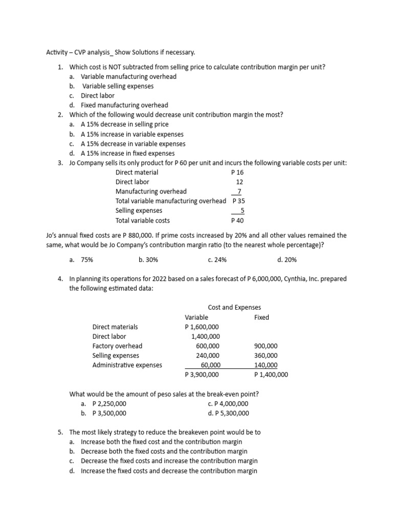 CVP Analysis Questions and Solutions | PDF | Business | Business Economics